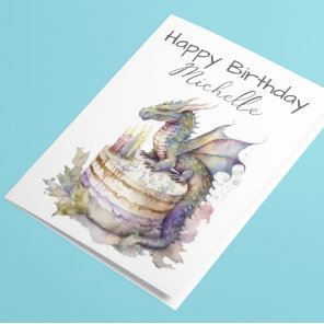 Birthday Dragon Cake Personalized Watercolor  Card