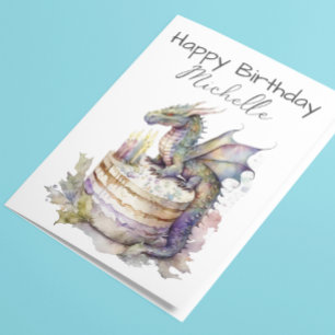 Birthday Dragon Cake Personalized Watercolor Card