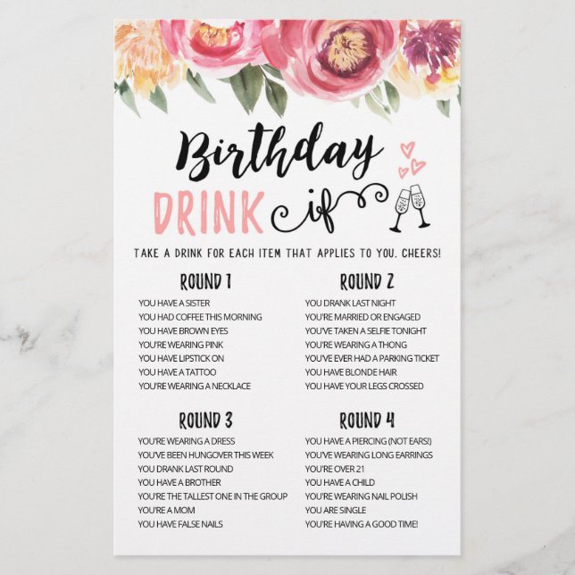 Birthday DRINK IF editable Birthday Party game (Front)