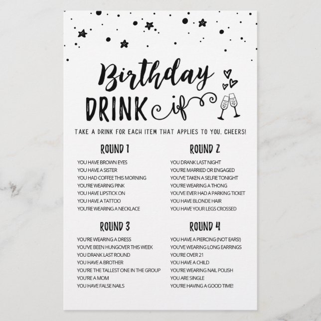 Birthday DRINK IF editable Birthday Party game (Front)