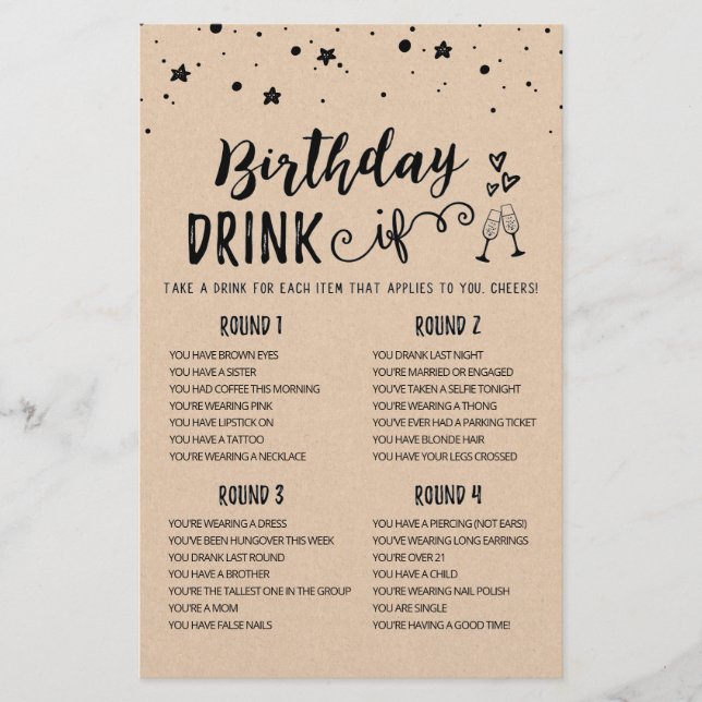 Birthday DRINK IF editable Birthday Party game (Front)