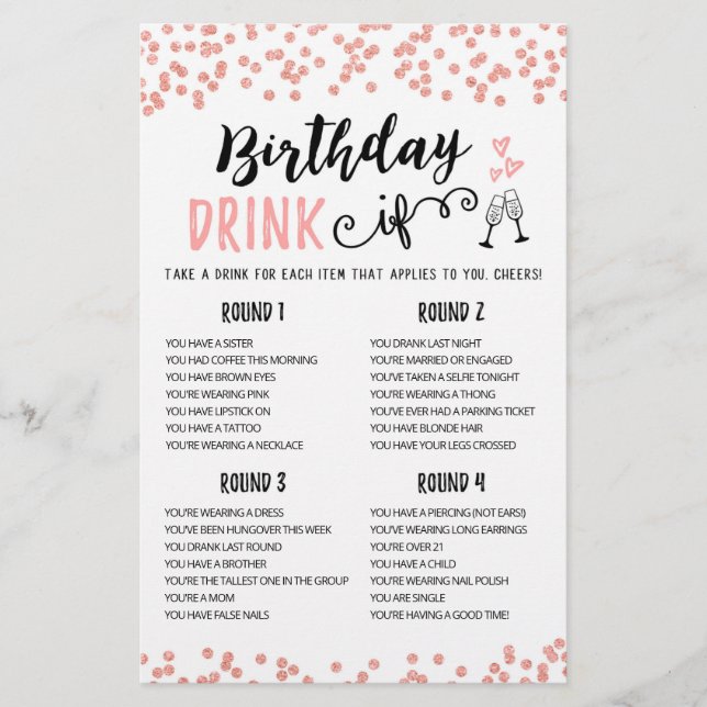 Birthday DRINK IF editable Birthday Party game (Front)