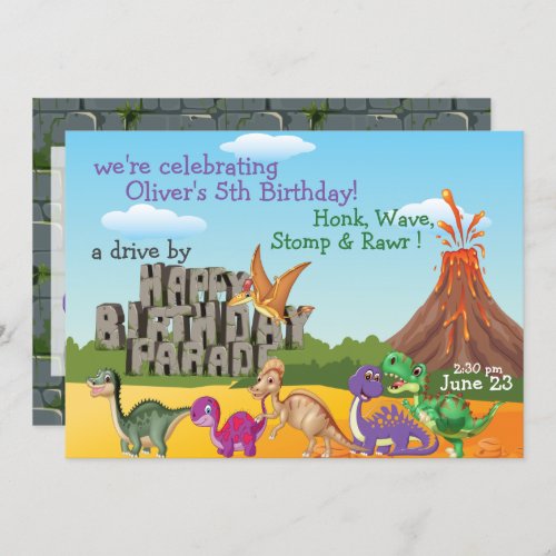 Birthday DriveBy Parade Rawr Dino Invitation