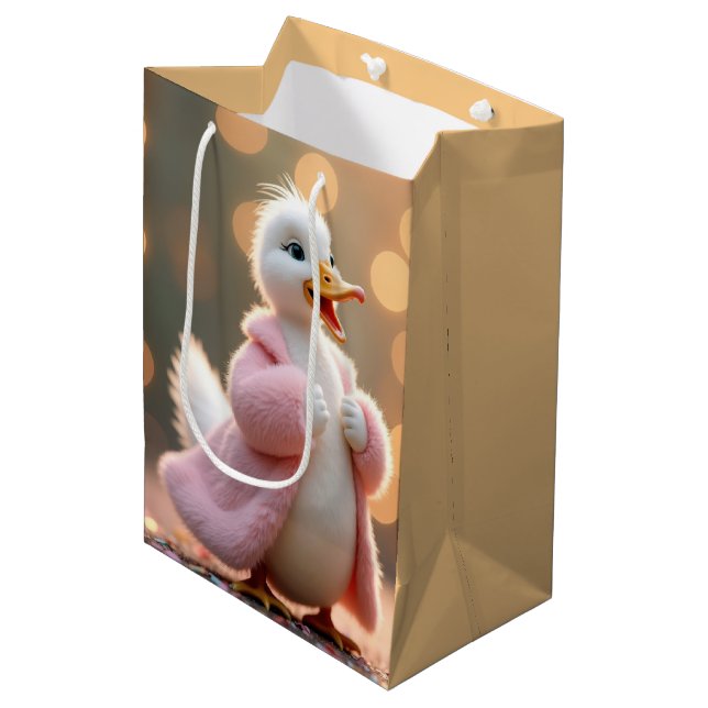 Birthday Duck In a Pink Fur Coat Medium Gift Bag (Front Angled)