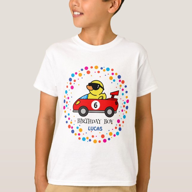 Birthday DUCK race car boy red racing kid name T-Shirt (Front)