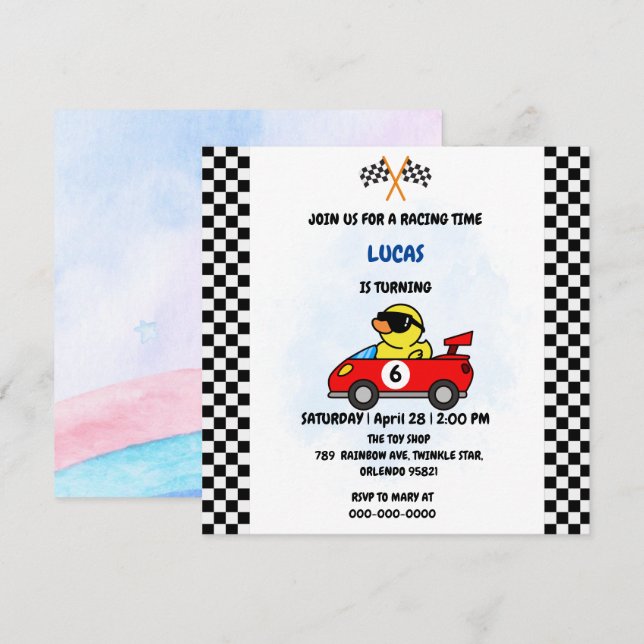 Birthday Duck race car boy red racing kids name Thank You Card (Front/Back)