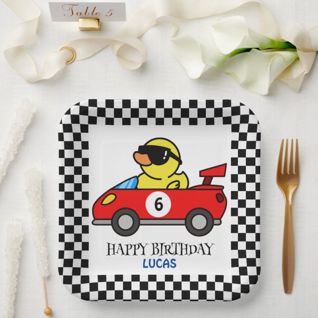 Birthday Duck race car red boy kid name Paper Plates (Wedding)