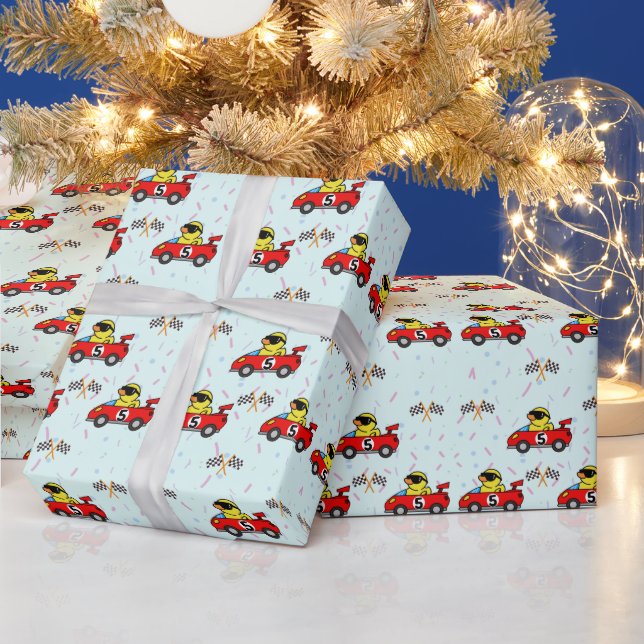 Birthday Duck race car red racing boy kid name Wrapping Paper (Holidays)