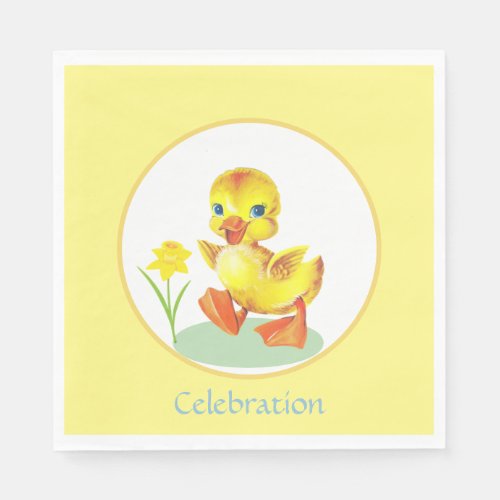 Birthday Duckling with Flower on Yellow  White Napkins