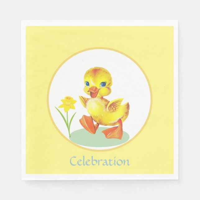 Birthday Duckling with Flower on Yellow & White Napkins (Front)