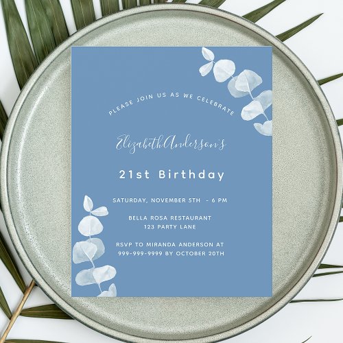 Birthday dusty blue eucalyptus budget invitation flyer