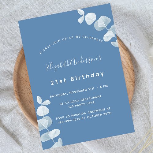 Birthday dusty blue eucalyptus luxury invitation