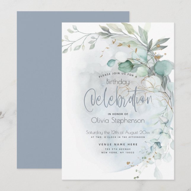 Birthday | Dusty Blue Over the Moon Invitation (Front/Back)