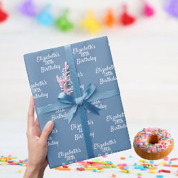 Birthday dusty blue white name wrapping paper