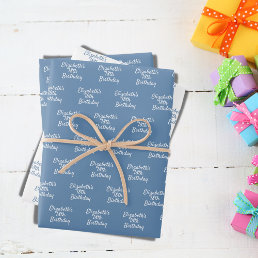 Birthday dusty blue white name wrapping paper sheets