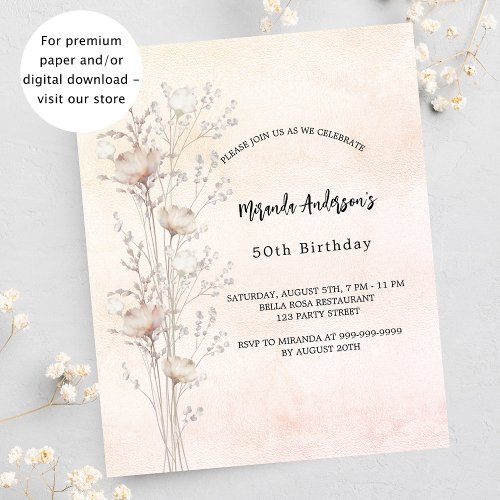 Birthday dusty cream wildflowers budget invitation