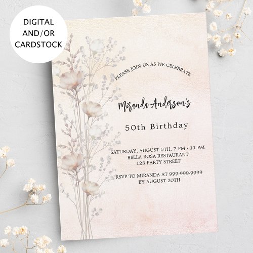 Birthday dusty cream wildflowers pink invitation