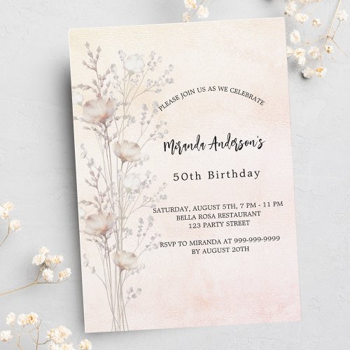 Birthday dusty cream wildflowers pink invitation postcard