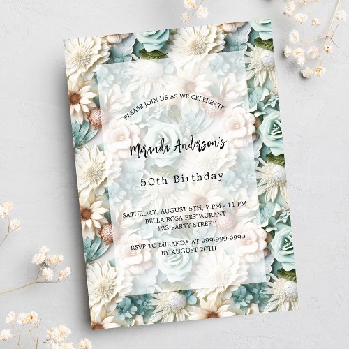 Birthday dusty green white floral invitation postcard