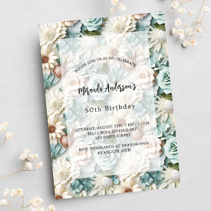Birthday dusty green white floral luxury invitation