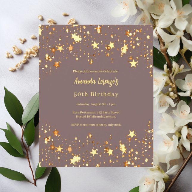 Birthday dusty mauve gold stars invitation (Creator Uploaded)