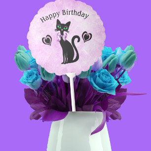 Birthday Elegant Black Cat Bow Black Pink Hearts Balloon