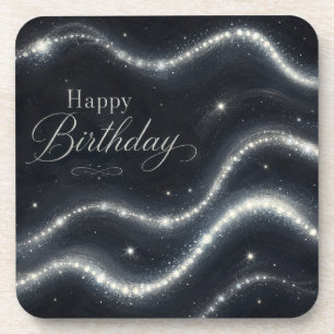 Birthday Elegant Black Silver Diamond Waves Beverage Coaster