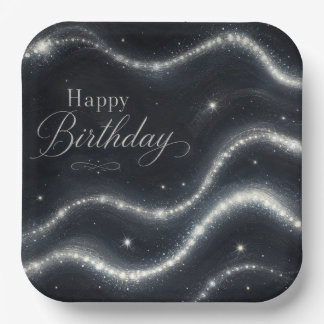 Birthday Elegant Black Silver Diamond Waves Paper Plates
