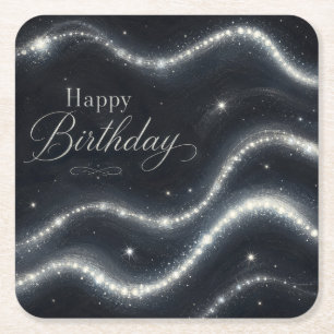 Birthday Elegant Black Silver Diamond Waves Square Paper Coaster
