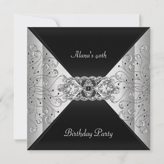 Birthday Elegant Black Silver Event Party Invitation (Front)