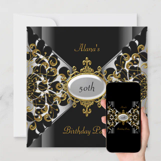 Birthday Elegant Black Silver Gold Party 50th Invitation Zazzle