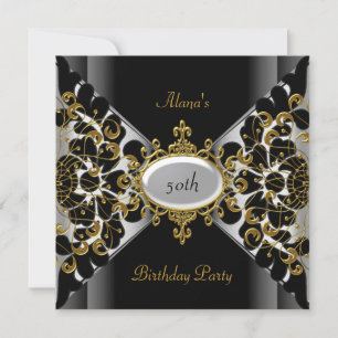 Birthday Elegant Black Silver Gold Party 50th Invitation