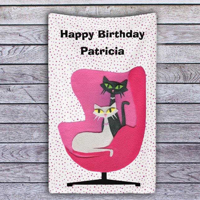 Birthday Elegant Mid Century Cats Pink Chair Dots Banner (Pretty black and white cats in min century pink chair polka dots on white Happy Birthday banner.)