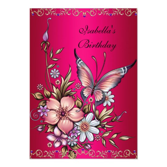 Birthday Elegant Pink Fushia Floral Butterfly Card