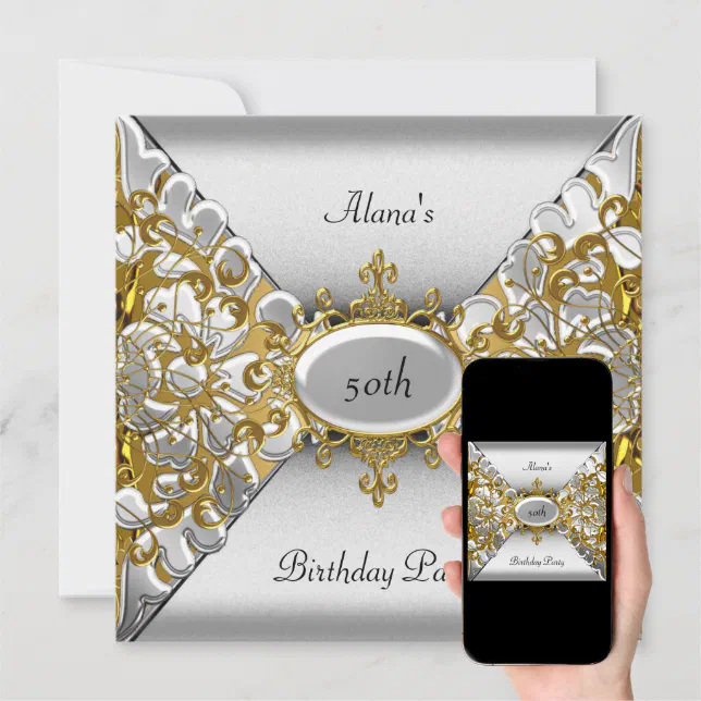 Birthday Elegant Silver Gold Party 50th Invitation Zazzle