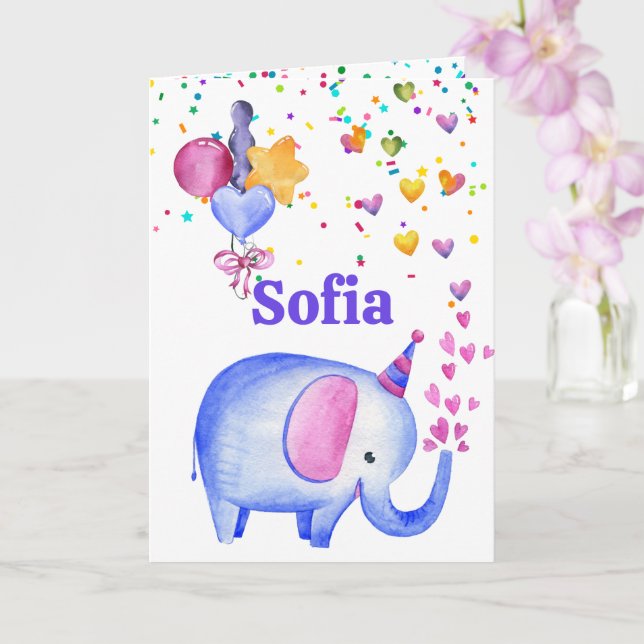 Birthday Elephant Add Name Age Cute Kids Card (Orchid)
