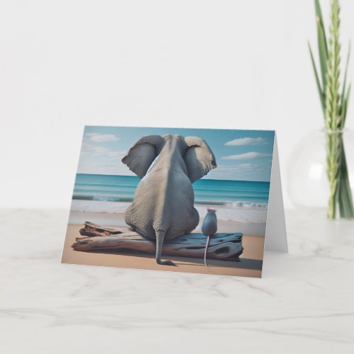 Birthday Elephant and Mouse On Beach Log Card