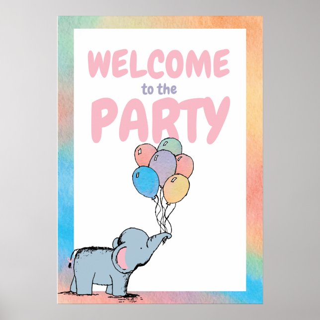 Birthday Elephant Pastel Bunch of Balloons Drawing Poster (Front)