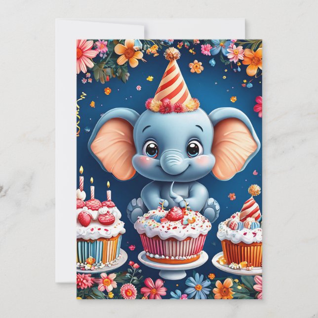 Birthday elephant with cake and balloons invitation (Front)