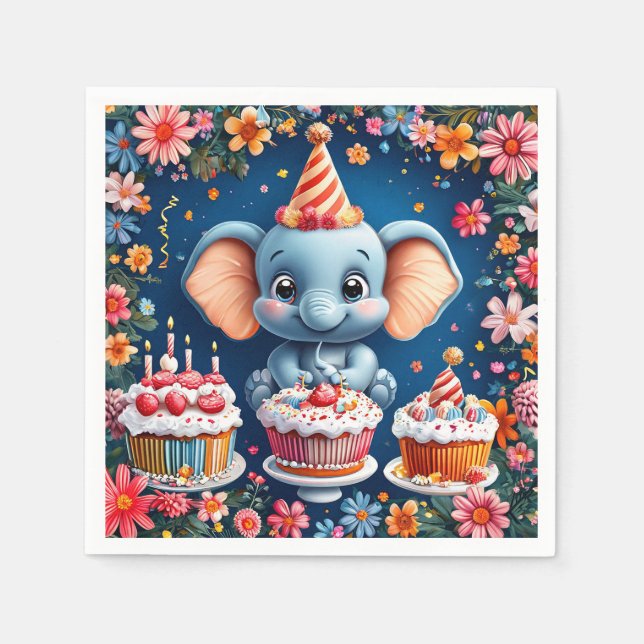 Birthday elephant with cake and balloons napkins (Front)