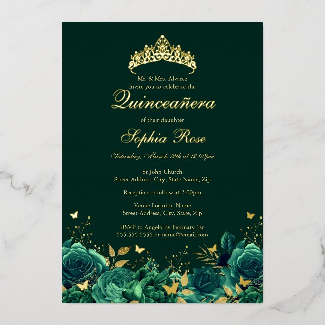 Birthday Emerald Floral Butterfly Quinceanera Foil Invitation (Front)