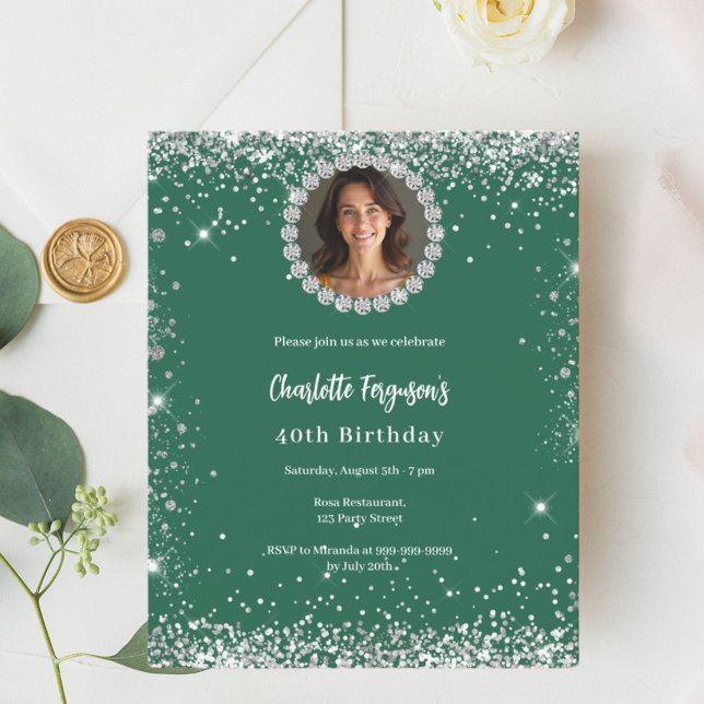 Birthday emerald green diamond photo invitation (Creator Uploaded)
