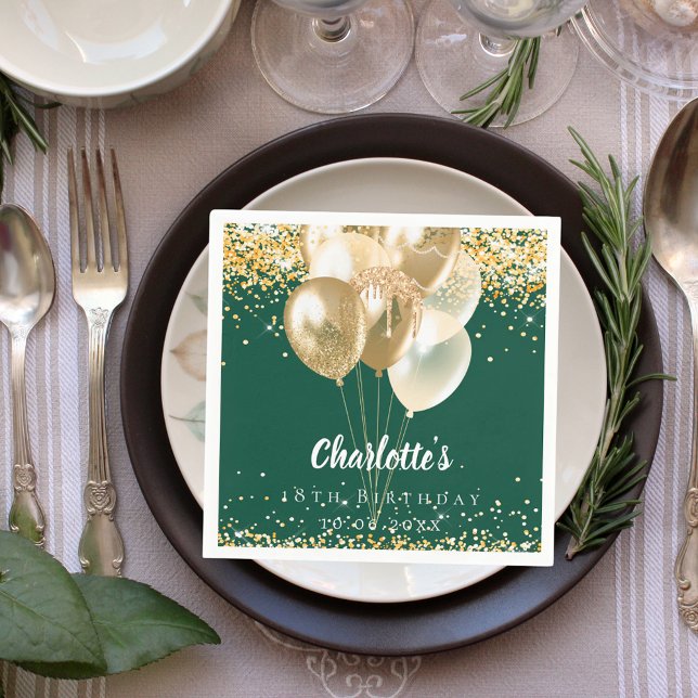 Birthday emerald green gold balloons confetti napkins (Creator Uploaded)