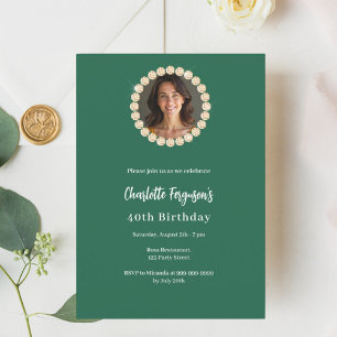 Birthday emerald green gold diamond photo invitation