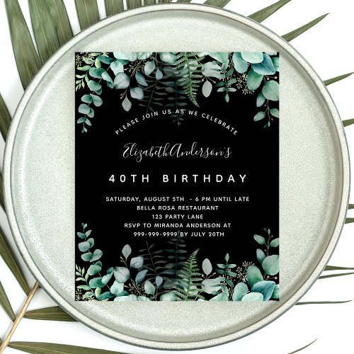 Birthday eucalyptus black budget invitation flyer