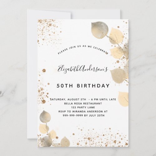 Birthday eucalyptus foliage glitter golden invitation