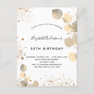 Birthday eucalyptus foliage glitter golden invitation postcard