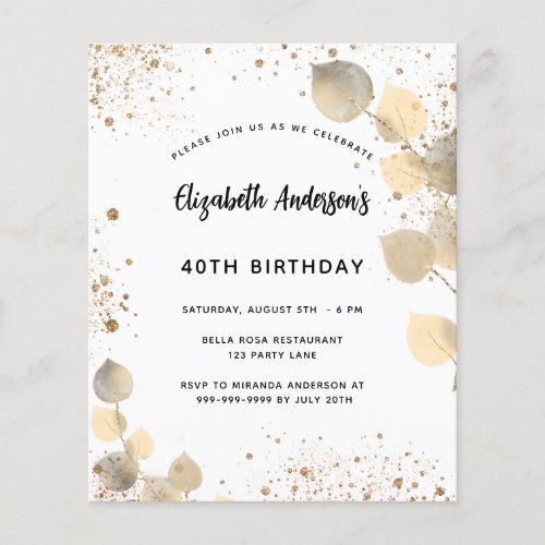Birthday eucalyptus foliage gold budget invitation flyer