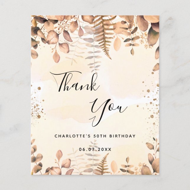 Birthday eucalyptus glitter budget thank you card (Front)