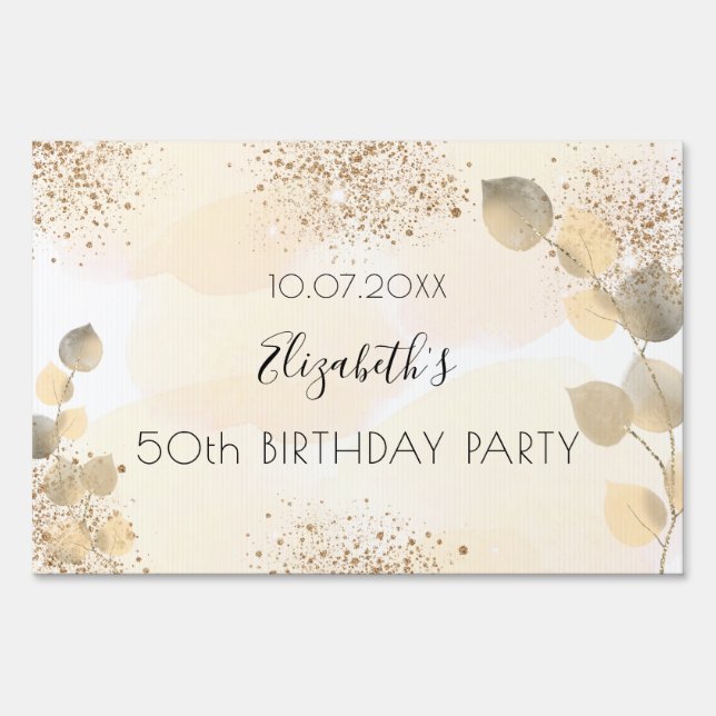 Birthday eucalyptus glitter gold monogram  sign (Front)
